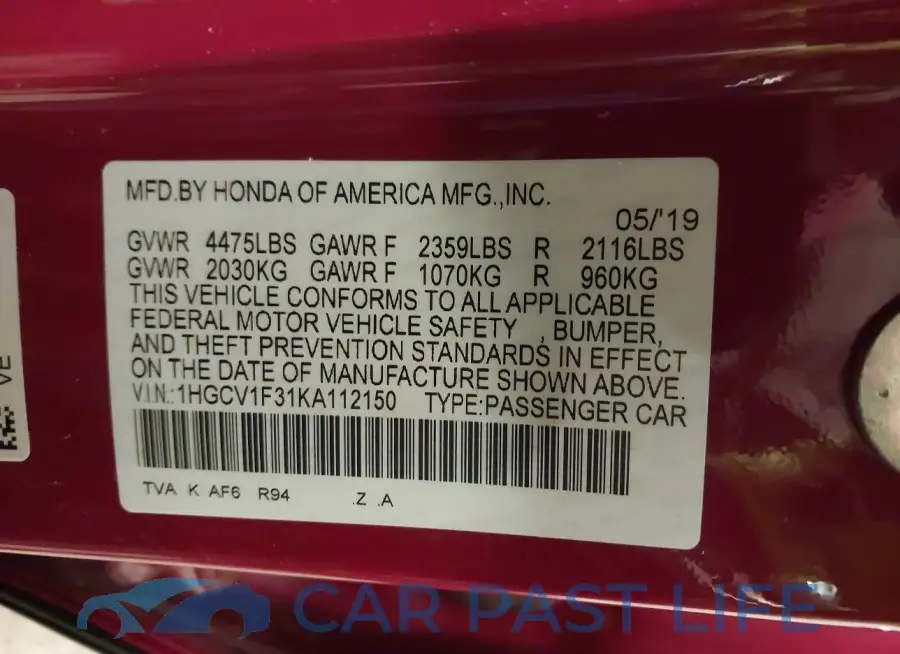 1HGCV1F31KA112150# 9