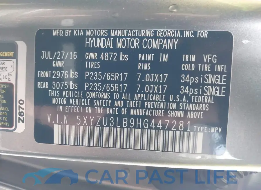 5XYZU3LB9HG447281# 9