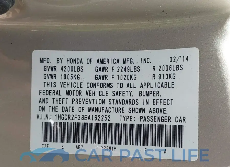 1HGCR2F38EA162252# 9