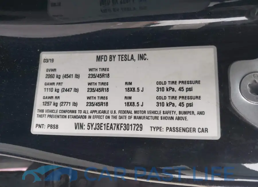 5YJ3E1EA7KF301729# 9