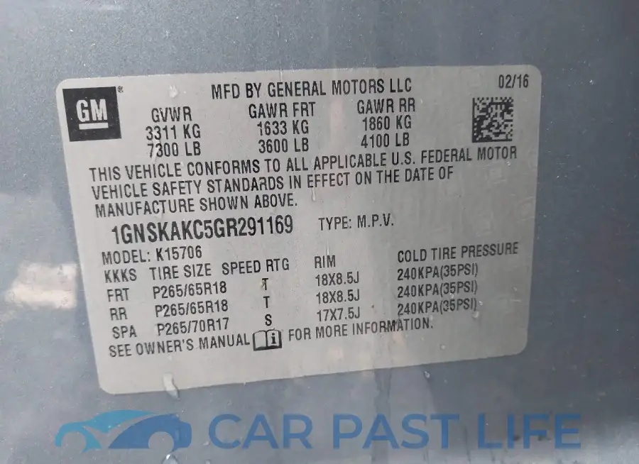 1GNSKAKC5GR291169# 9