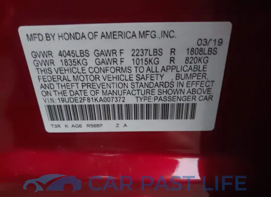 19UDE2F81KA007372# 9