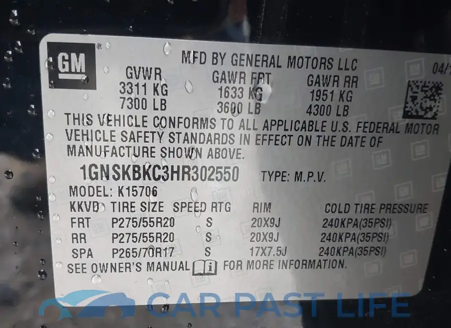1GNSKBKC3HR302550# 9