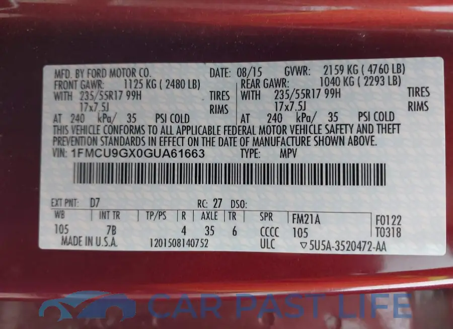 1FMCU9GX0GUA61663# 9