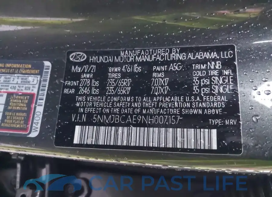 5NMJBCAE9NH007157# 9