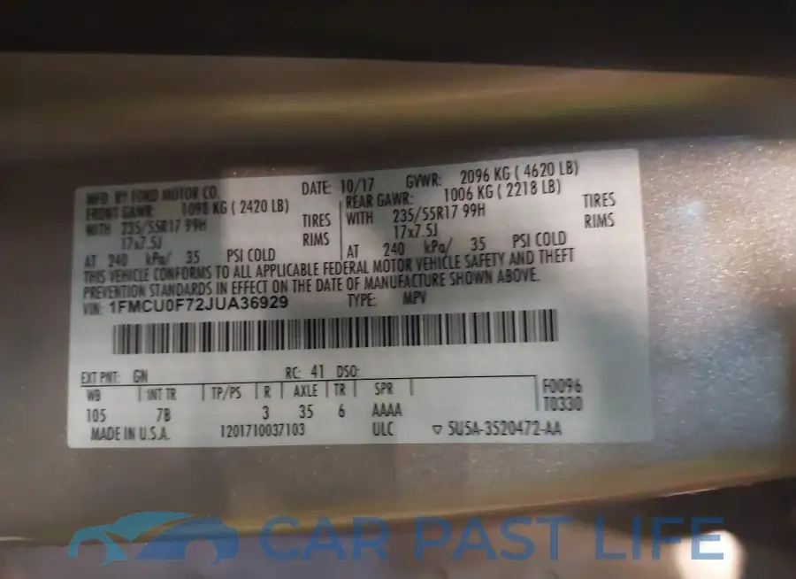1FMCU0F72JUA36929# 9