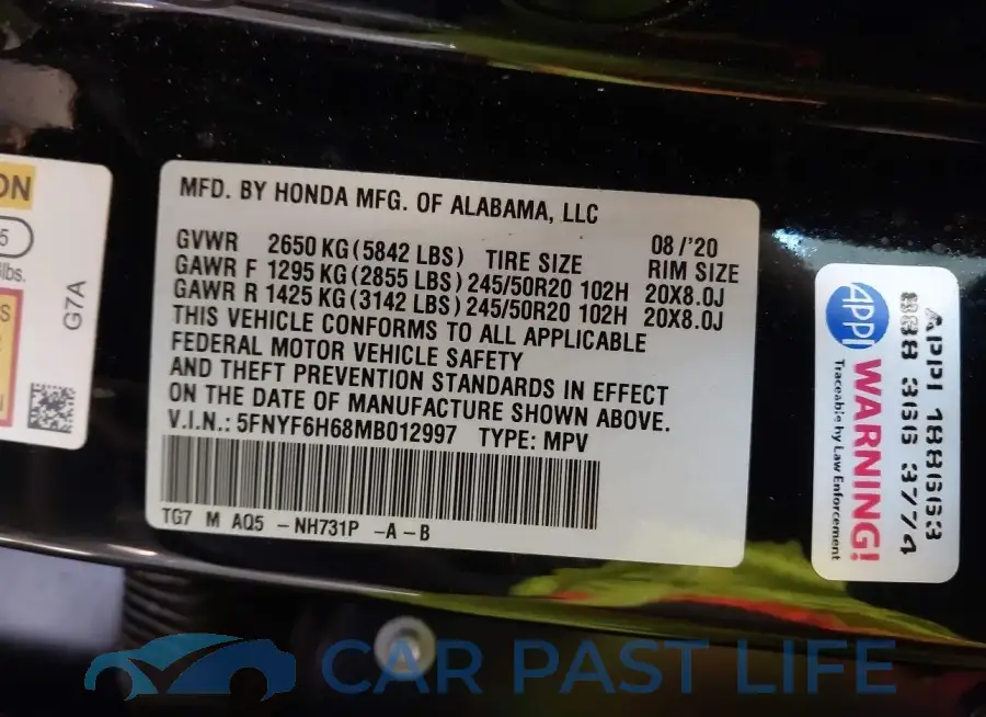 5FNYF6H68MB012997# 9