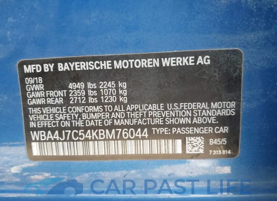 WBA4J7C54KBM76044# 9