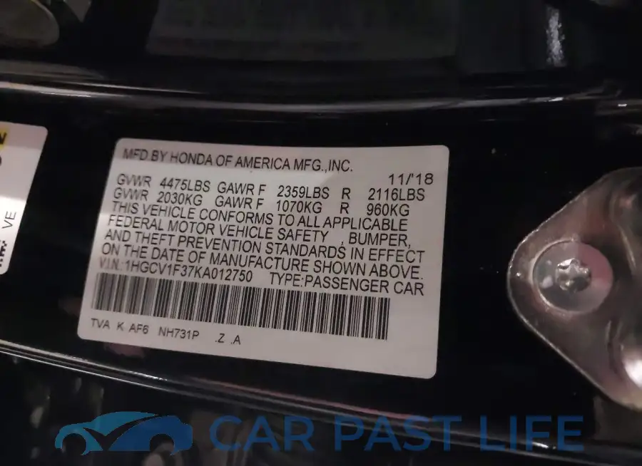 1HGCV1F37KA012750# 9