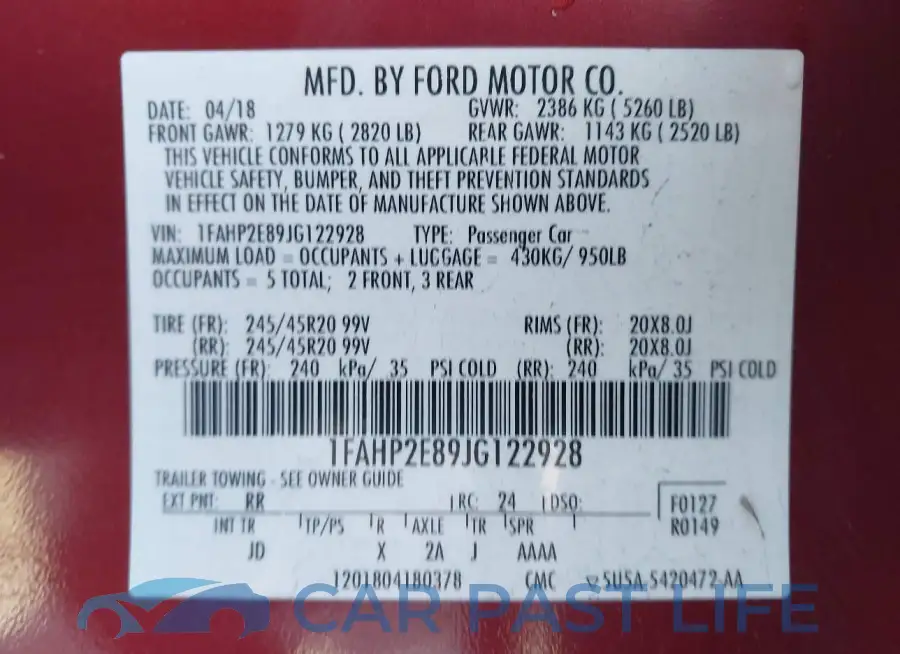 1FAHP2E89JG122928# 9