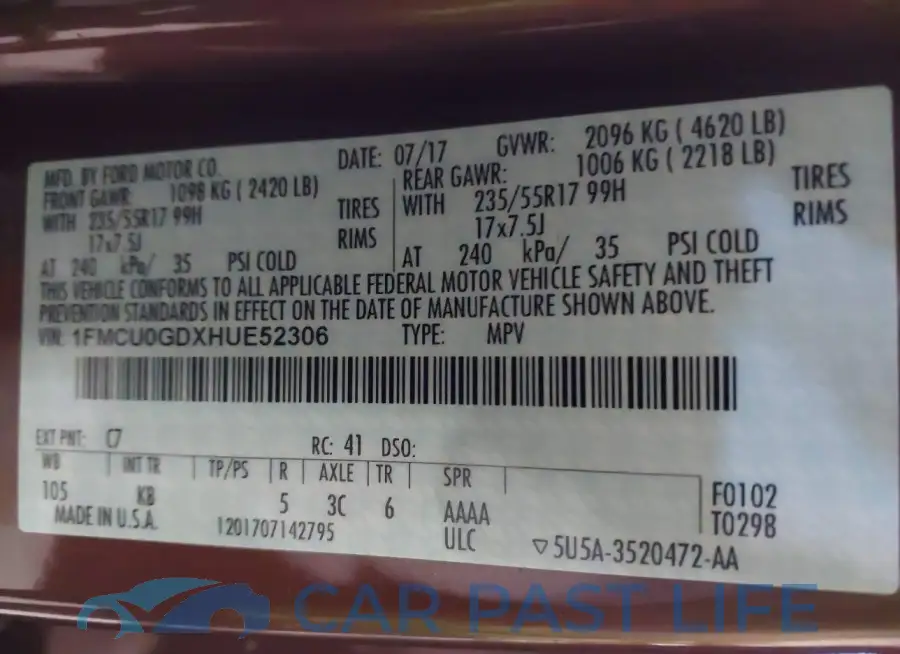 1FMCU0GDXHUE52306# 9