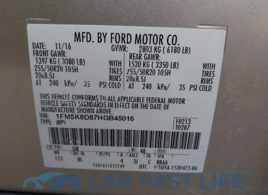1FM5K8D87HGB45016# 9