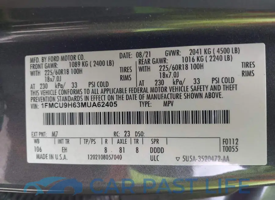 1FMCU9H63MUA62405# 9