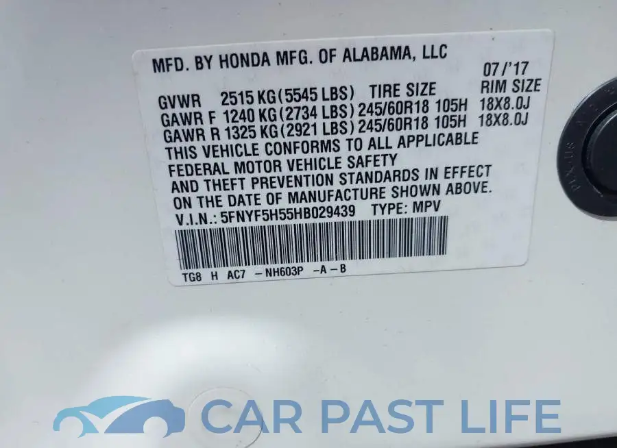 5FNYF5H55HB029439# 9