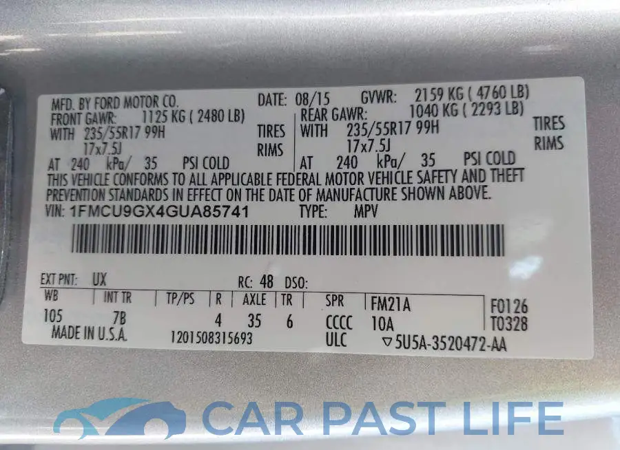 1FMCU9GX4GUA85741# 9