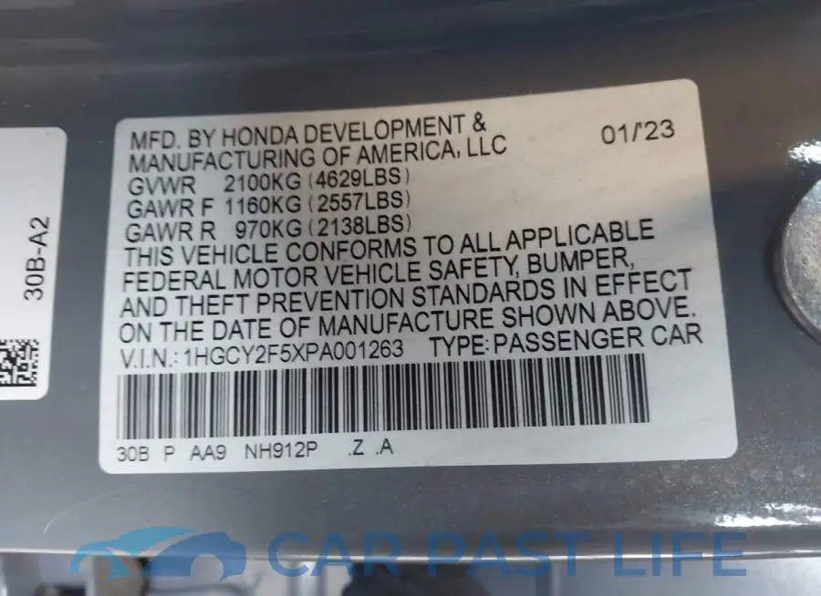 1HGCY2F5XPA001263# 9
