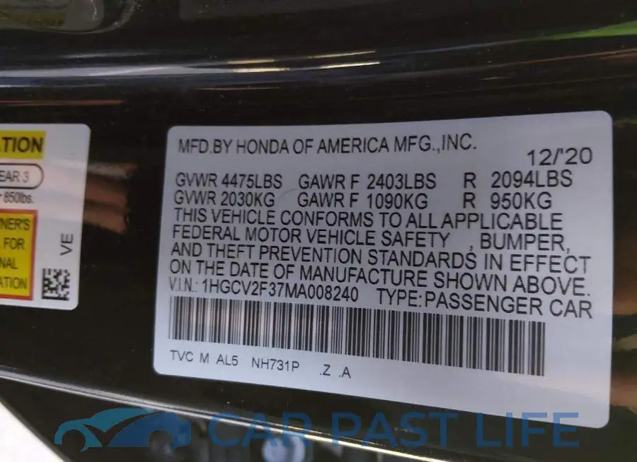 1HGCV2F37MA008240# 9
