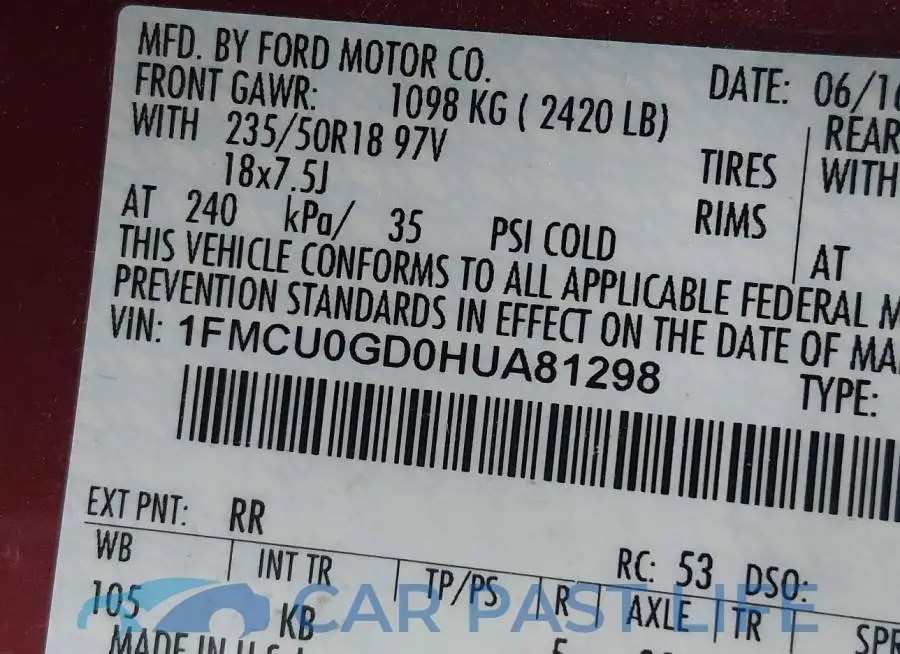 1FMCU0GD0HUA81298# 9
