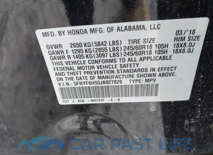 5FNYF6H53JB027829# 9