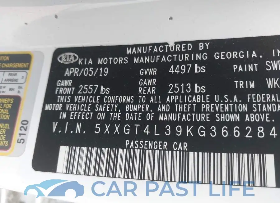 5XXGT4L39KG366284# 9