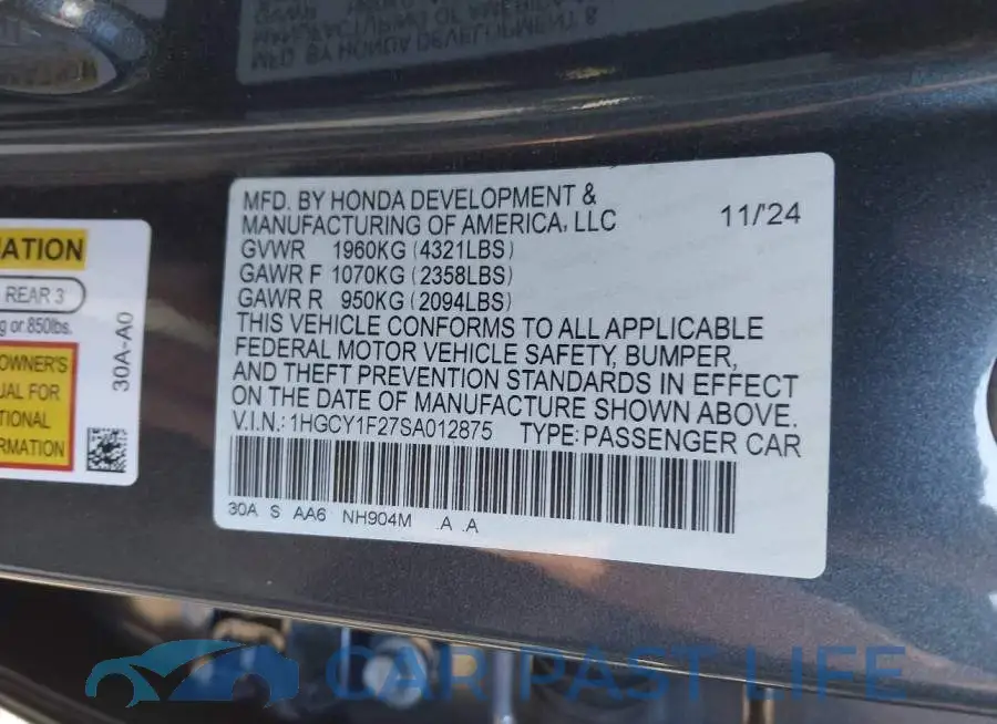 1HGCY1F27SA012875# 9