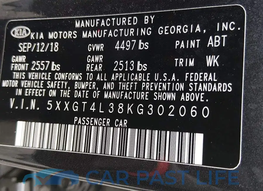 5XXGT4L38KG302060# 9