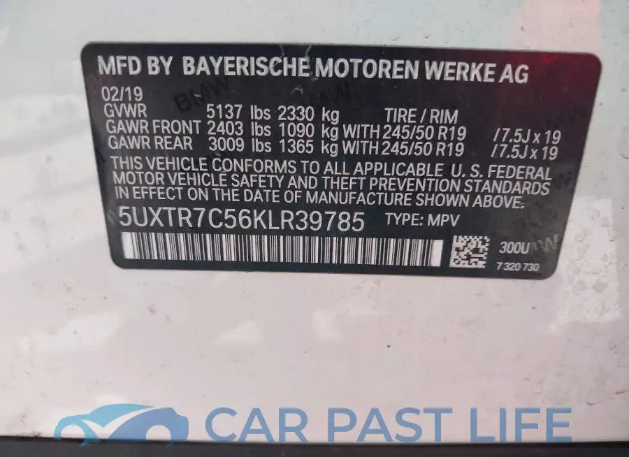 5UXTR7C56KLR39785# 9