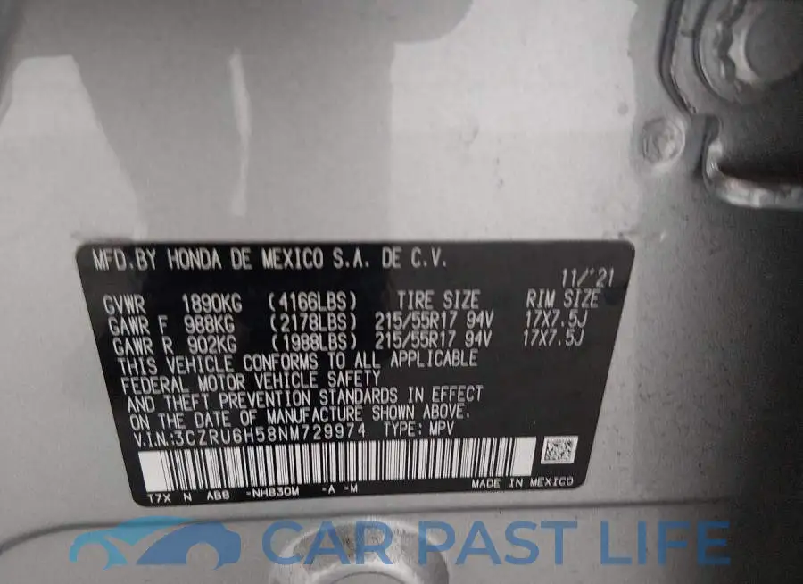 3CZRU6H58NM729974# 9