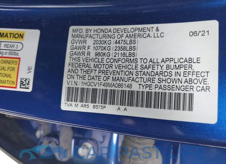 1HGCV1F49MA086148# 9