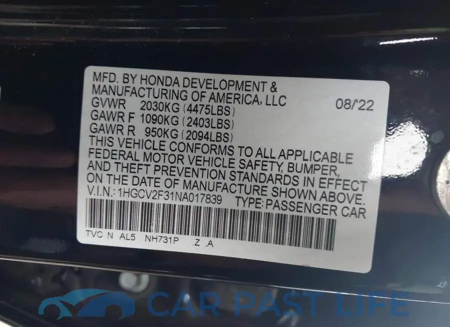 1HGCV2F31NA017839# 9