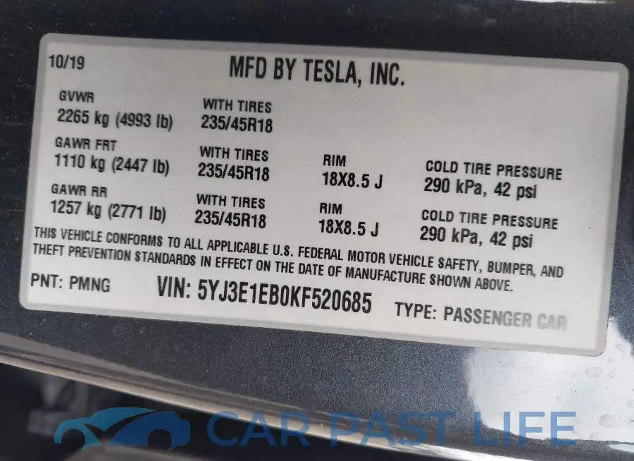 5YJ3E1EB0KF520685# 9