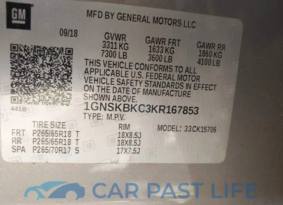1GNSKBKC3KR167853# 9