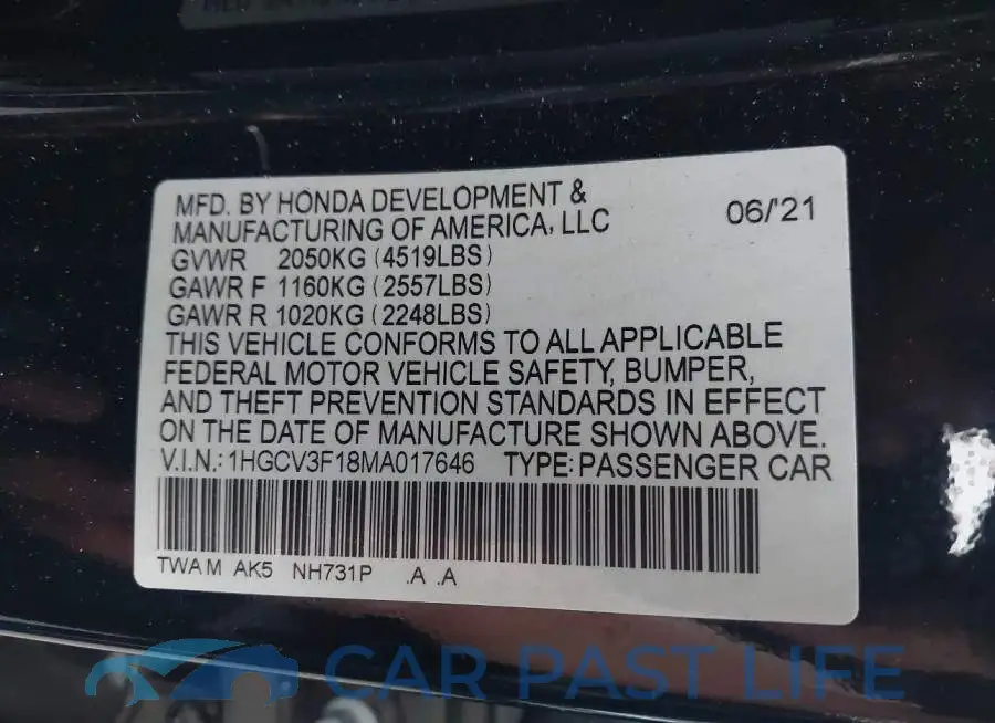 1HGCV3F18MA017646# 9