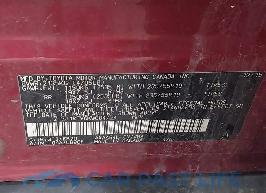 2T3J1RFV6KW004724# 9