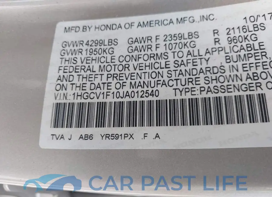 1HGCV1F10JA012540# 9
