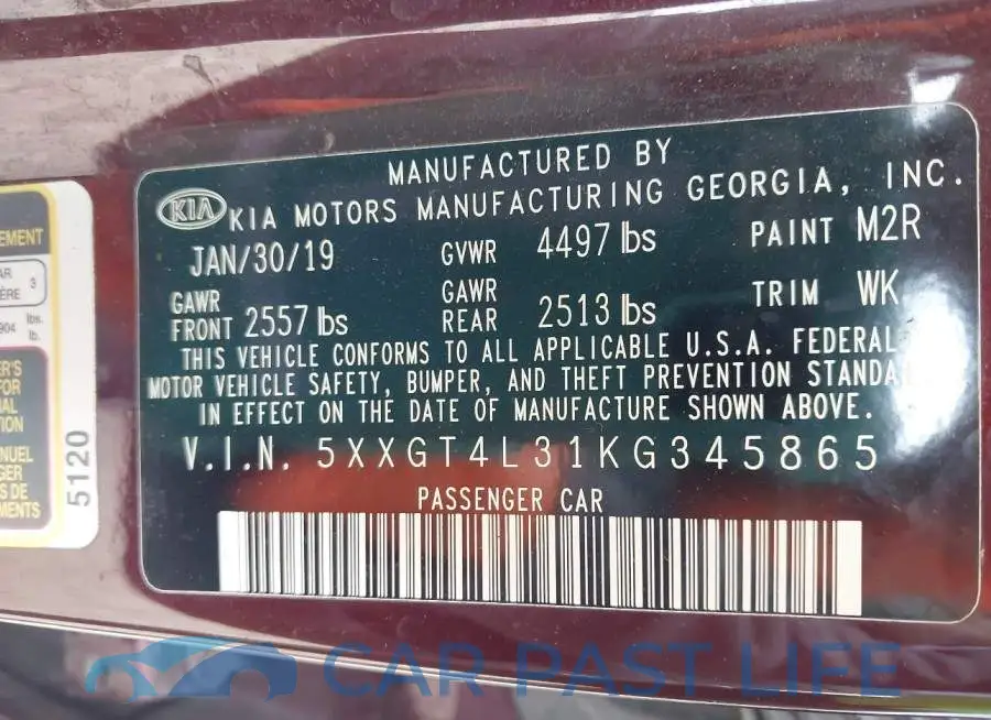 5XXGT4L31KG345865# 9