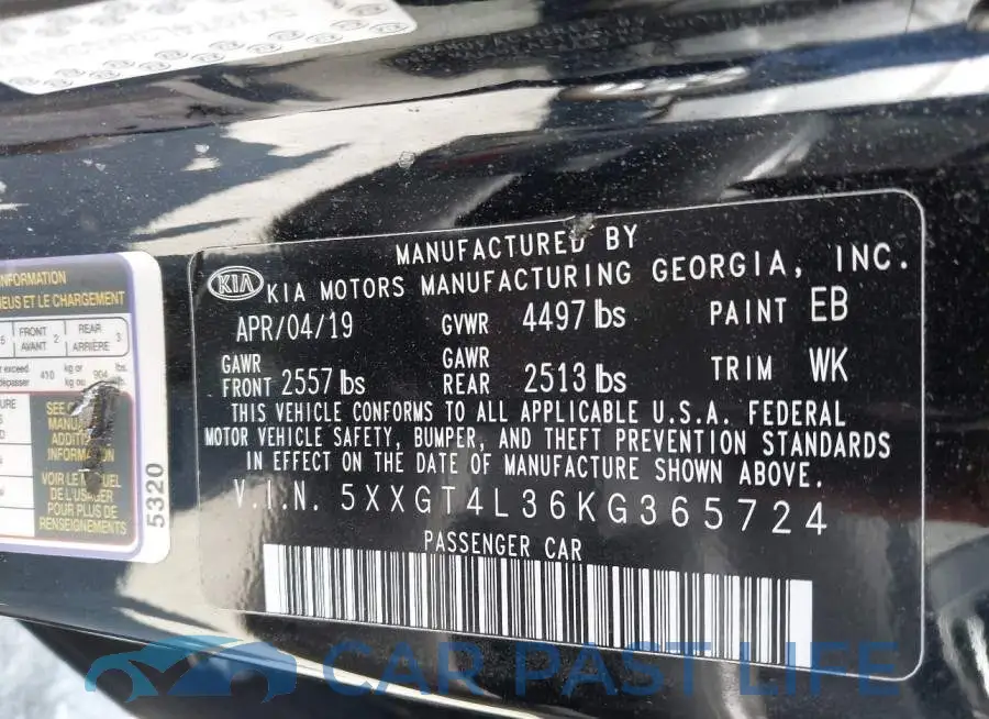 5XXGT4L36KG365724# 9