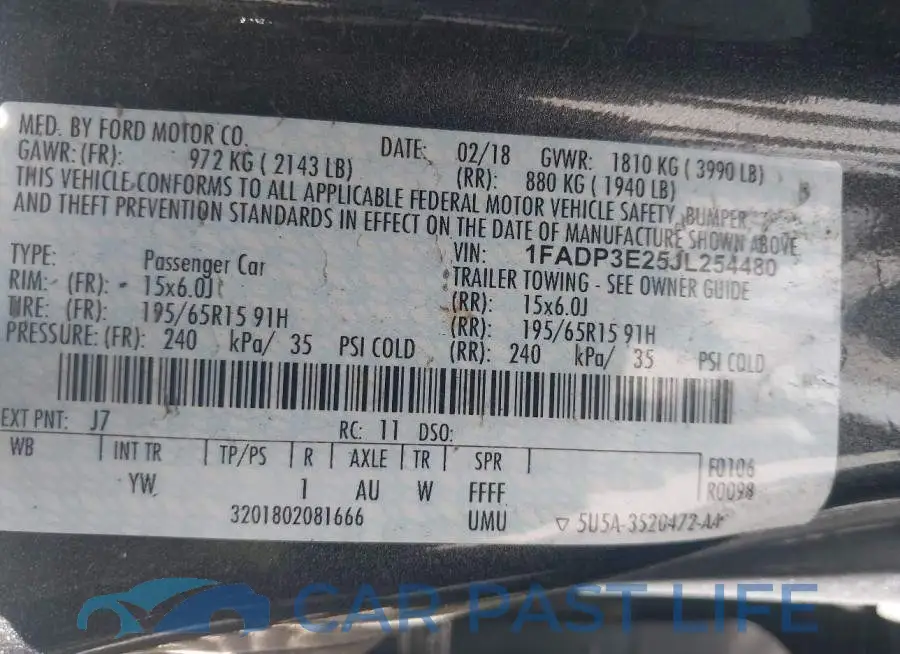1FADP3E25JL254480# 9