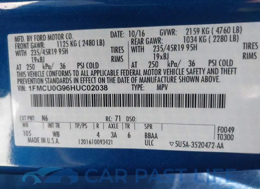 1FMCU0G96HUC02038# 9