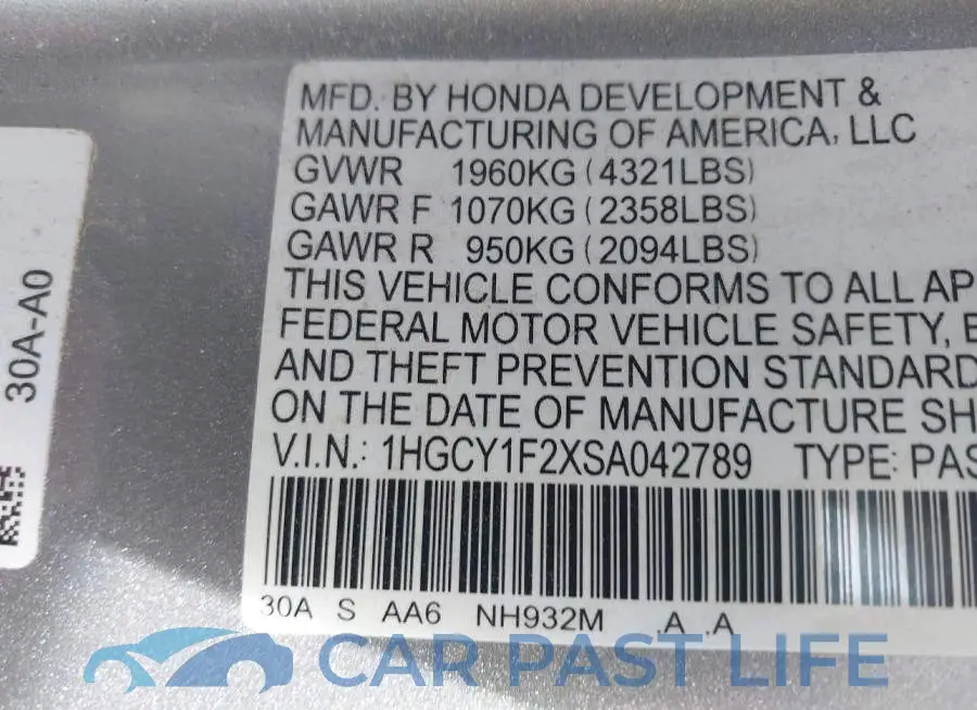 1HGCY1F2XSA042789# 9