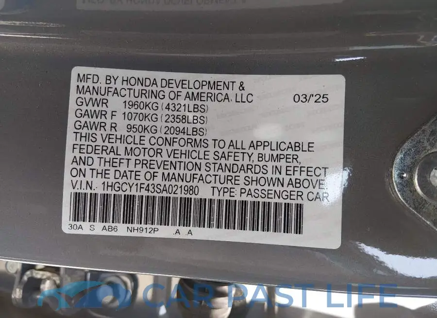 1HGCY1F43SA021980# 9