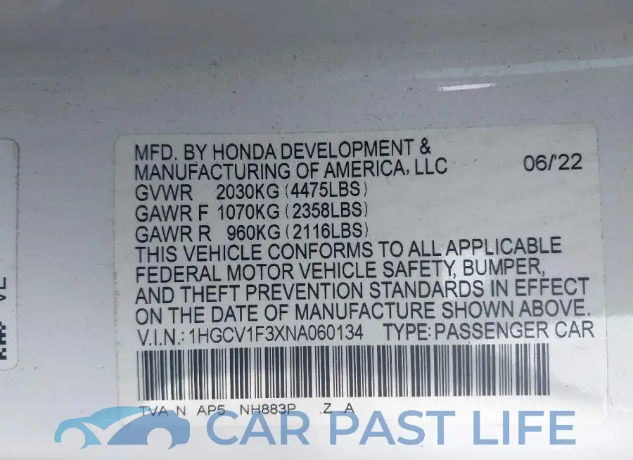 1HGCV1F3XNA060134# 9