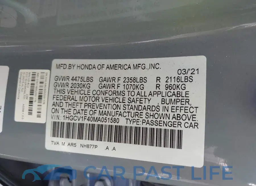 1HGCV1F40MA051580# 9