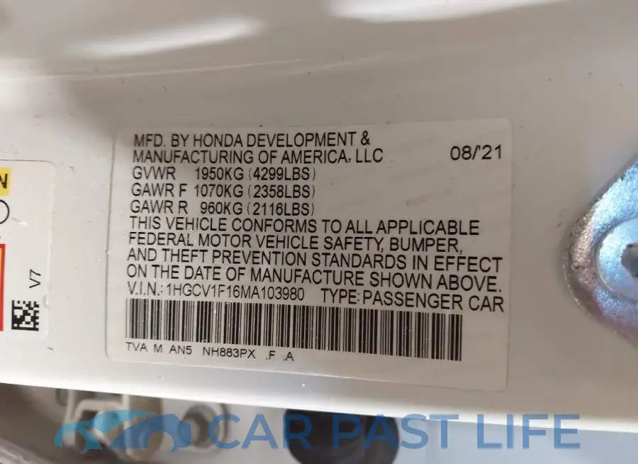 1HGCV1F16MA103980# 9