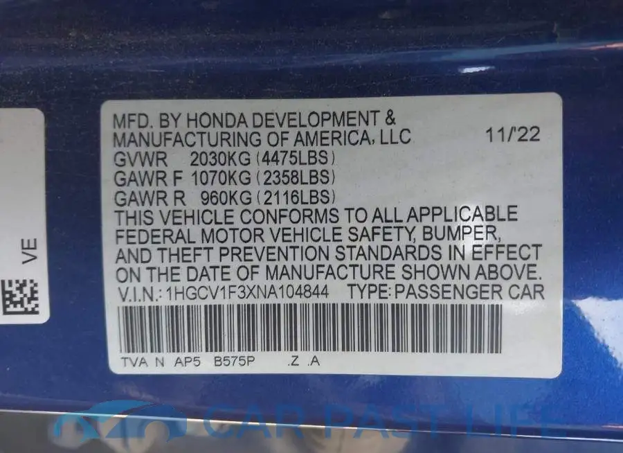 1HGCV1F3XNA104844# 9