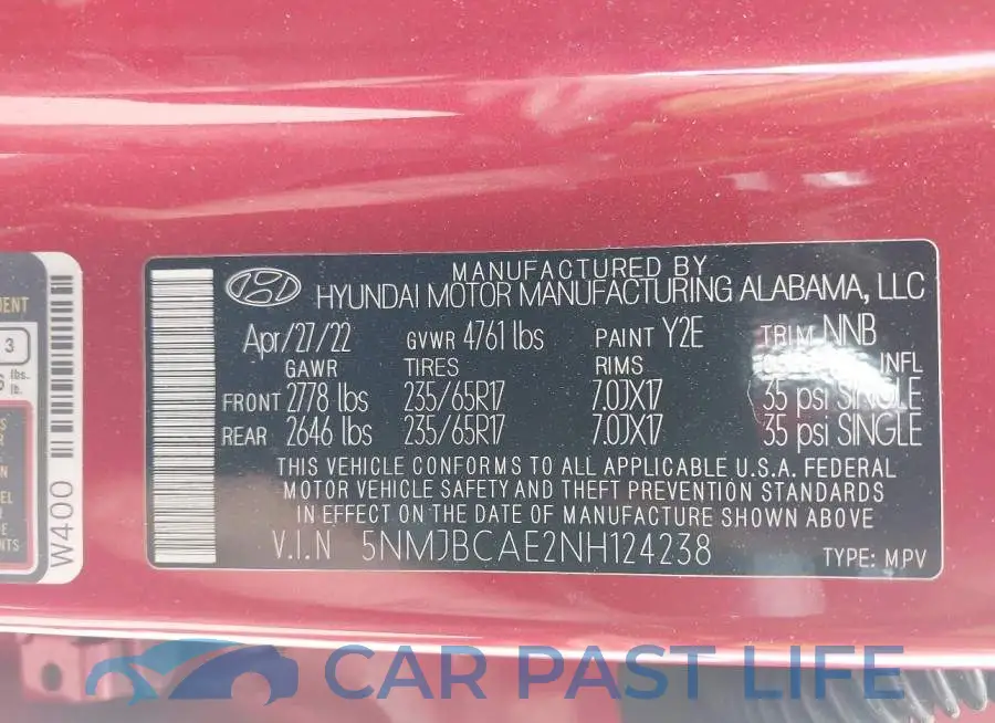 5NMJBCAE2NH124238# 9