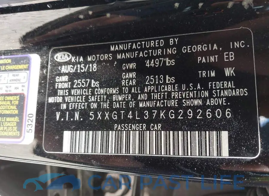 5XXGT4L37KG292606# 9