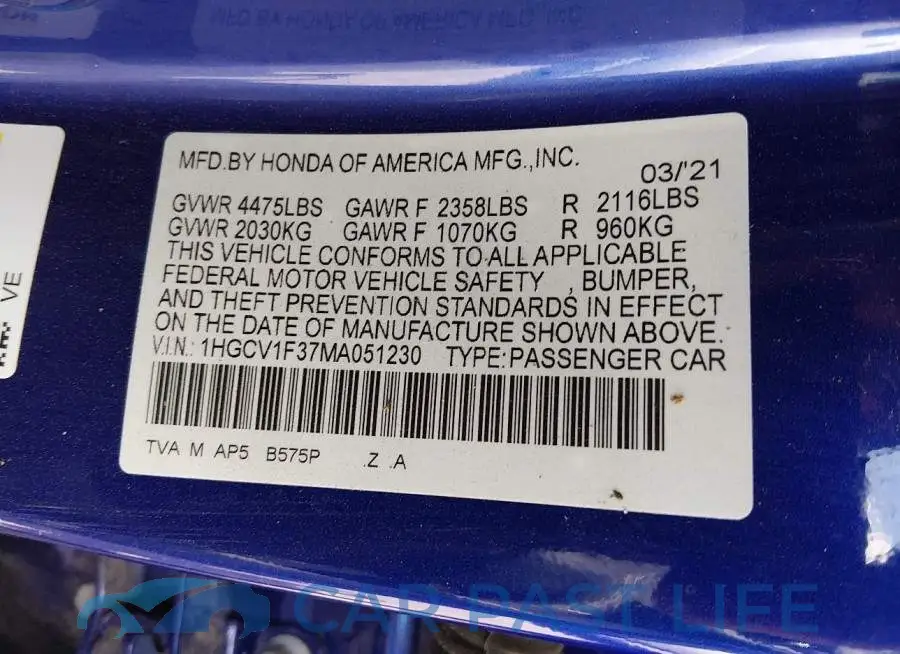 1HGCV1F37MA051230# 9