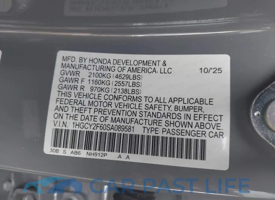 1HGCY2F60SA089581# 9