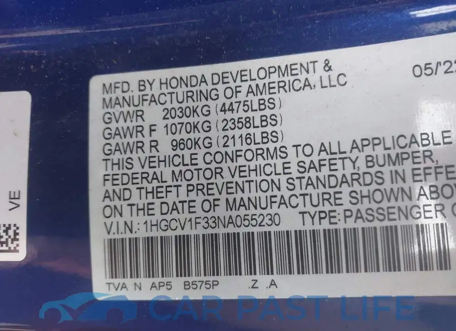 1HGCV1F33NA055230# 9